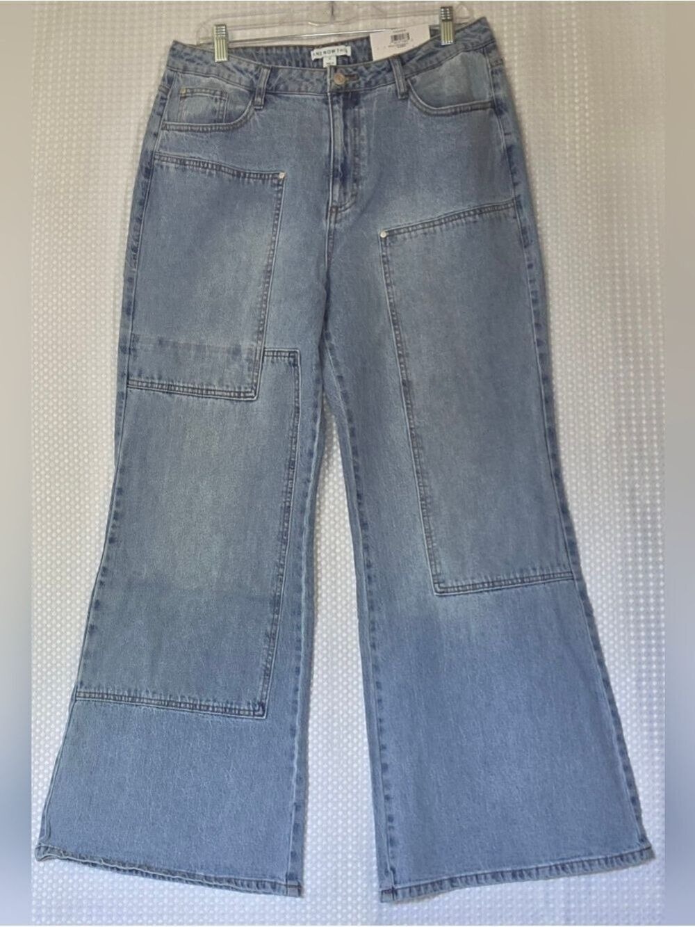Patchwork Wide Leg Jeans Light Wash Utility Carpenter Y2K Boho - Picture 3 of 10
